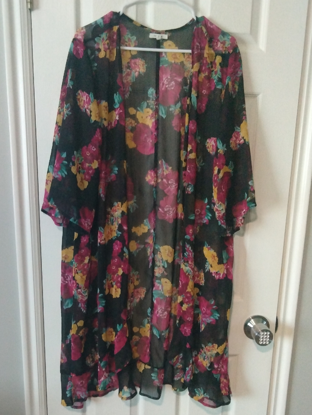 Maurices Black Floral Kimono with Pink & Yellow Blooms